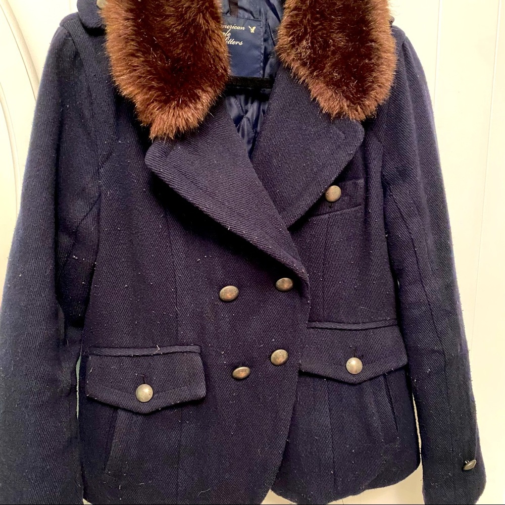 AE American Eagle Navy Pea coat Faux fur collar